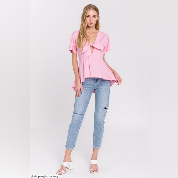 English Factory Pink Front Tie Poplin Peplum Top Size‎ Medium - Picture 3 of 10
